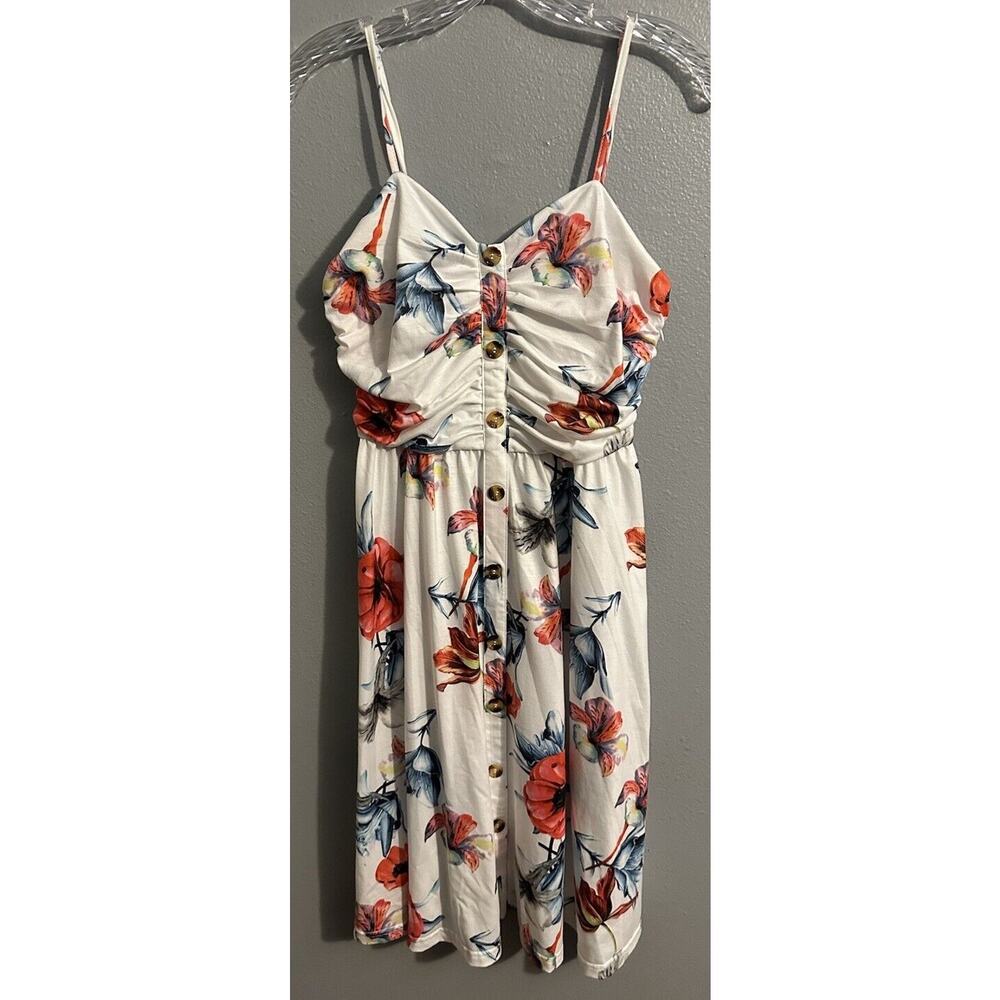 Drimmaks Women L Summer Casual Dress Floral Buttons Down Ruched Sweetheart Neck